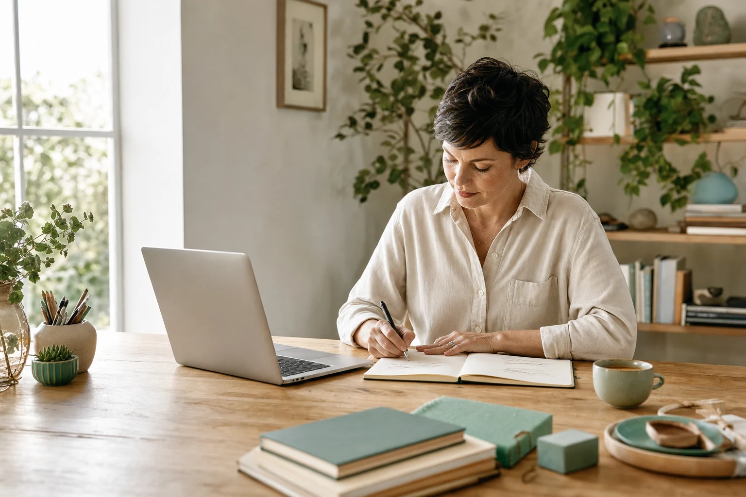 An entrepreneur shaping a new business at a bright, thoughtfully arranged workspace